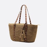 Woven Basket Tote Bag with Tassels – Grommet Strap Shoulder Bag - in Light Brown | Arvea Bags