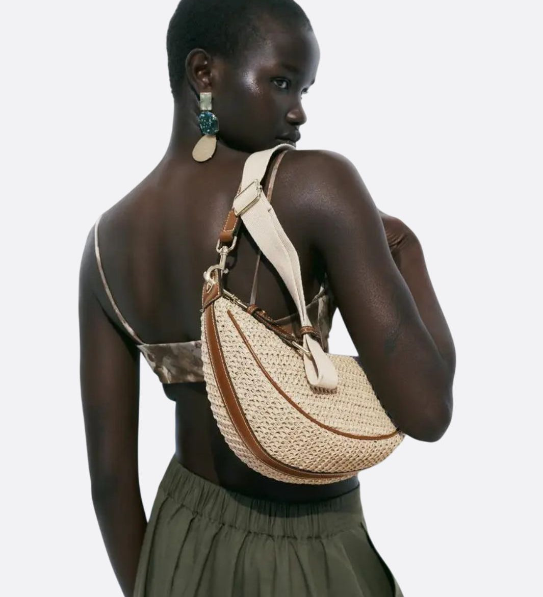 Woven Crescent Shoulder Bag – Boho Chic Rattan - Style Purse - in Beige | Arvea Bags