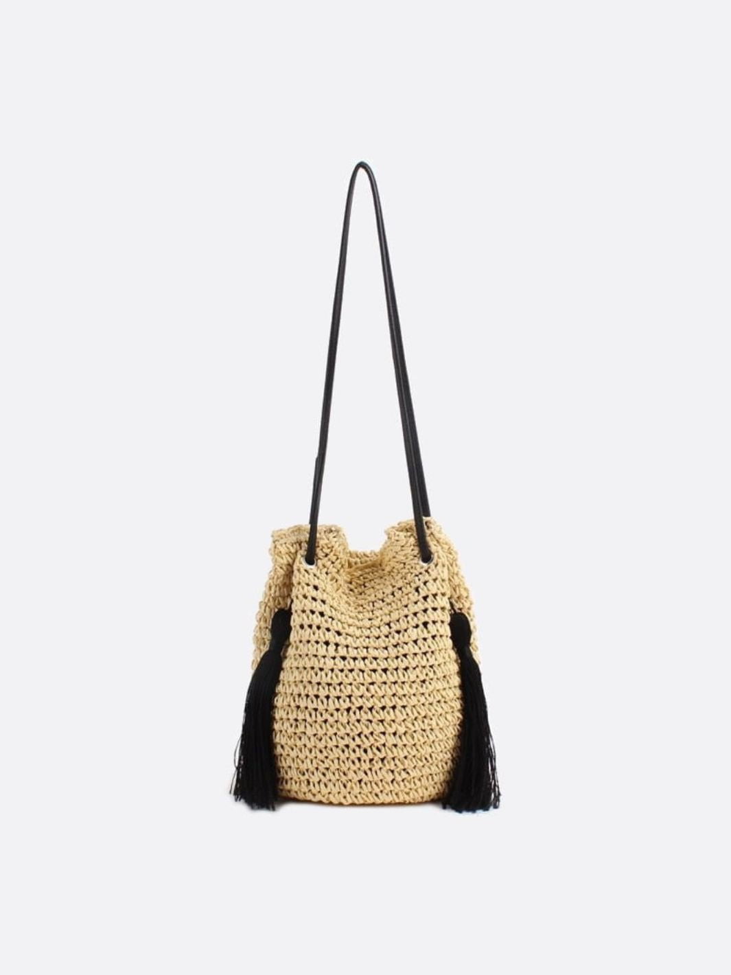 Woven Drawstring Bucket Bag with Tassels - in Beige | Arvea Bags