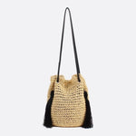 Woven Drawstring Bucket Bag with Tassels - in Beige | Arvea Bags