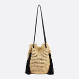 Woven Drawstring Bucket Bag with Tassels - in Beige | Arvea Bags