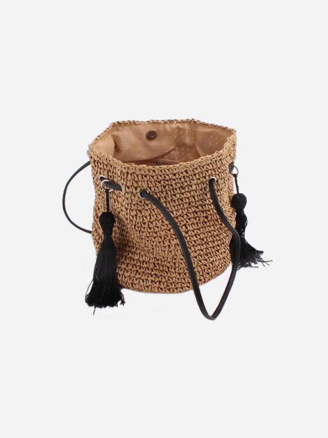 Woven Drawstring Bucket Bag with Tassels - in Light Brown | Arvea Bags