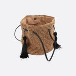 Woven Drawstring Bucket Bag with Tassels - in Light Brown | Arvea Bags