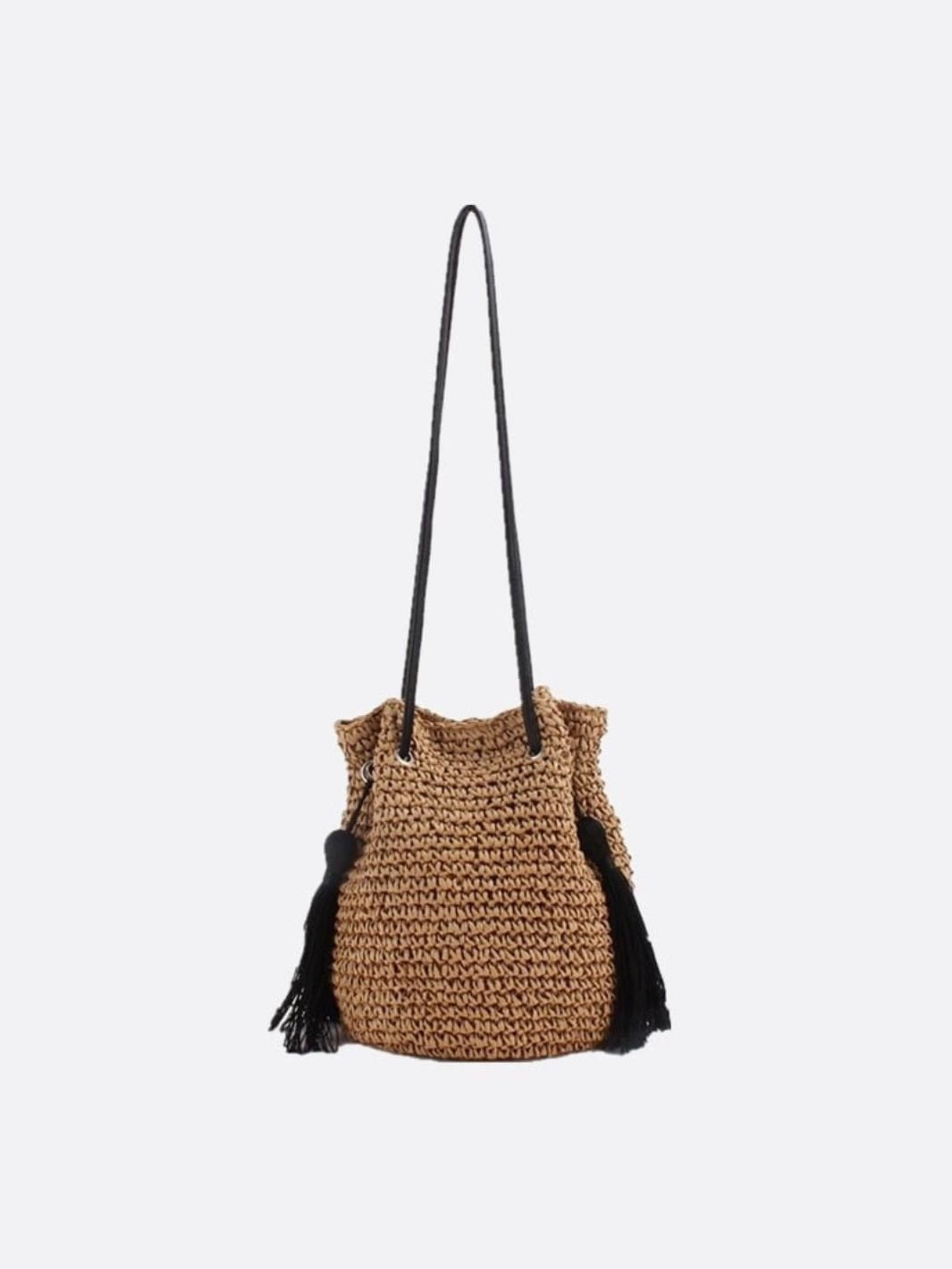 Woven Drawstring Bucket Bag with Tassels - in Light Brown | Arvea Bags