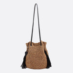 Woven Drawstring Bucket Bag with Tassels - in Light Brown | Arvea Bags