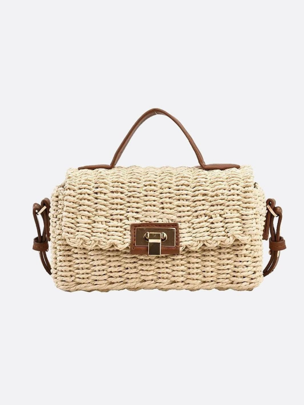 Woven Flap Handbag with Top Handle – Turn - Lock Closure Crossbody - in Beige | Arvea Bags