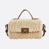 Woven Flap Handbag with Top Handle – Turn - Lock Closure Crossbody - in Beige | Arvea Bags