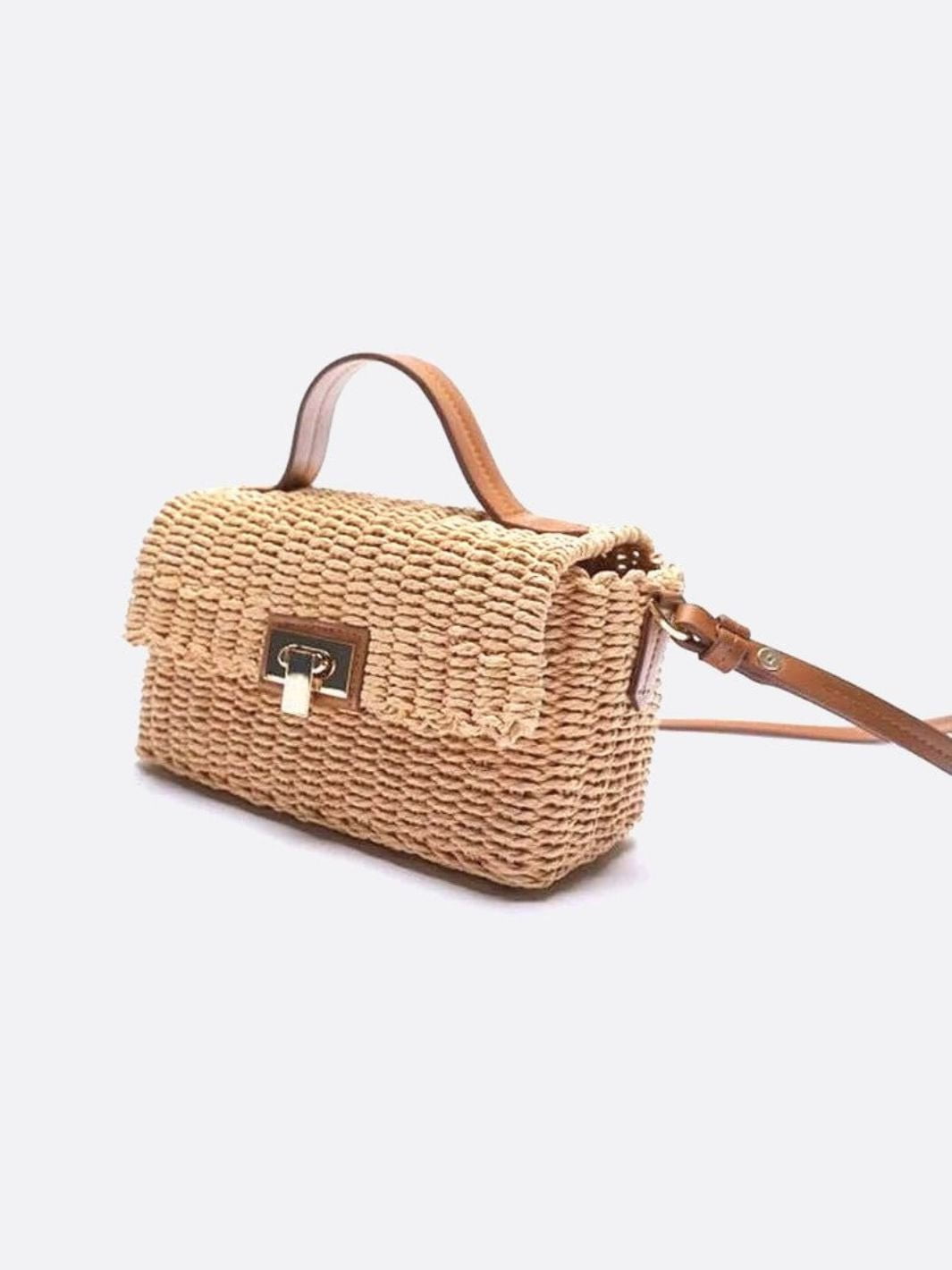 Woven Flap Handbag with Top Handle – Turn - Lock Closure Crossbody - in Light Brown | Arvea Bags