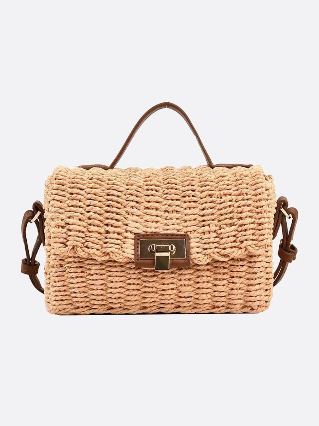 Woven Flap Handbag with Top Handle – Turn - Lock Closure Crossbody - in Light Brown | Arvea Bags