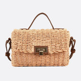 Woven Flap Handbag with Top Handle – Turn - Lock Closure Crossbody - in Light Brown | Arvea Bags