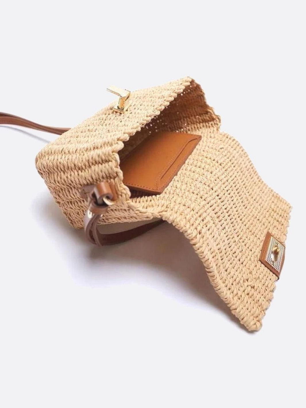 Woven Flap Handbag with Top Handle – Turn - Lock Closure Crossbody - in Light Brown | Arvea Bags