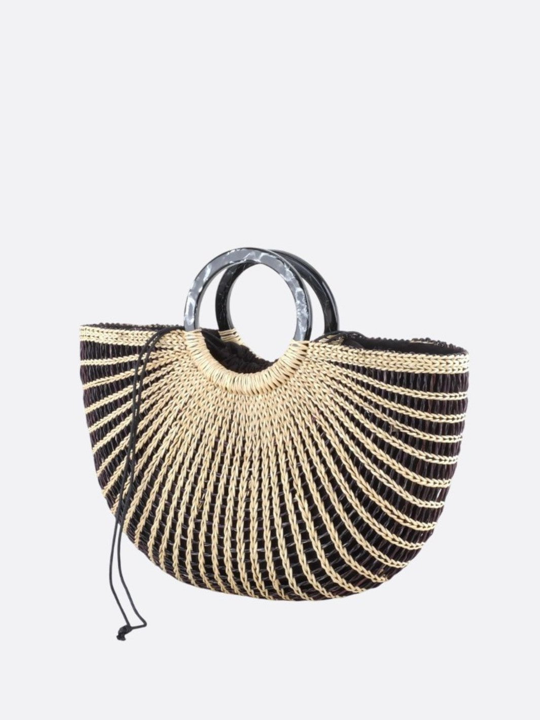 Woven Half - Moon Tote Bag – Handcrafted Straw Arc Purse with Ring Handles - in Black and white mixed color | Arvea Bags
