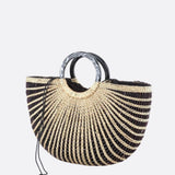 Woven Half - Moon Tote Bag – Handcrafted Straw Arc Purse with Ring Handles - in Black and white mixed color | Arvea Bags