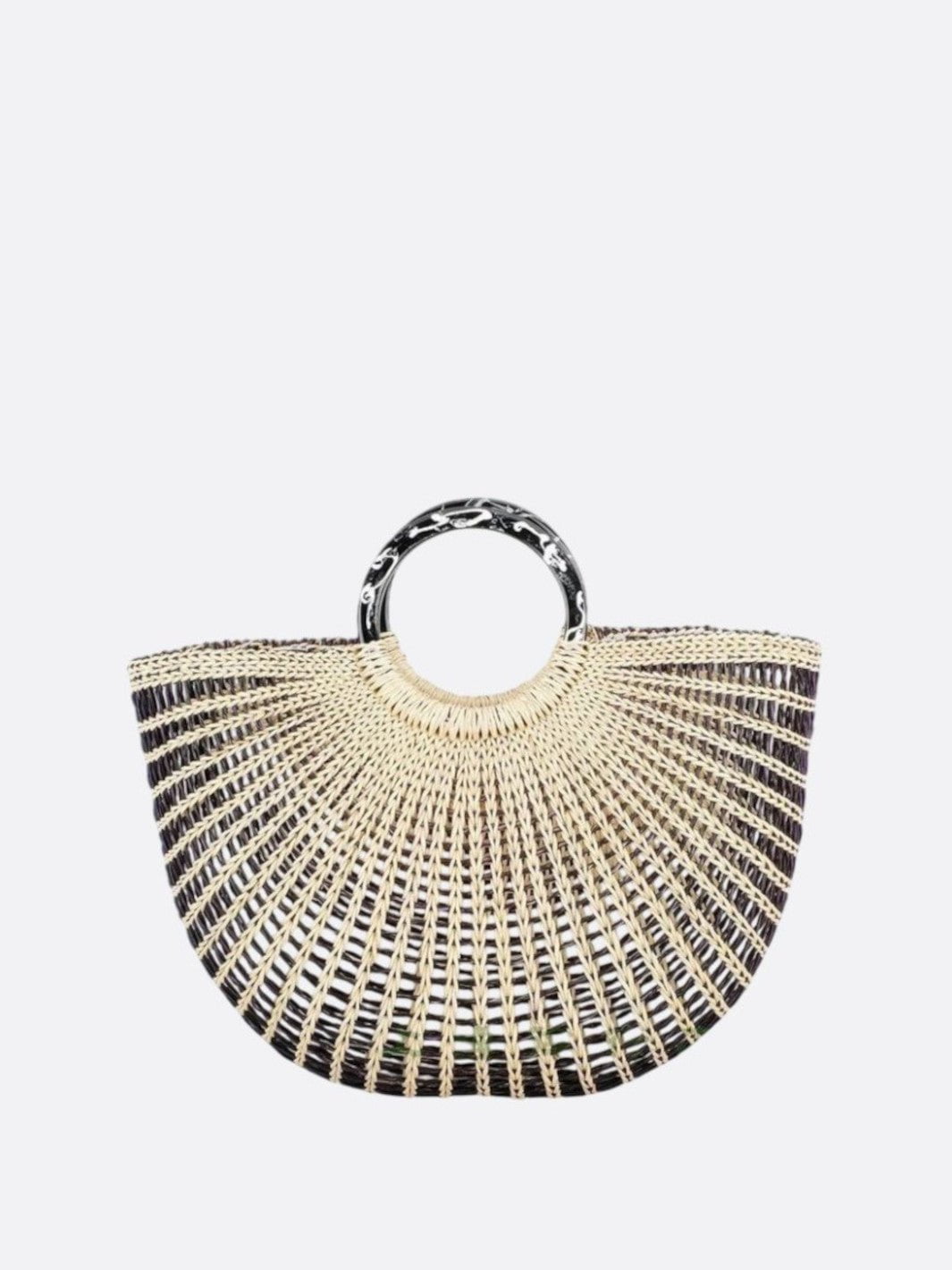 Woven Half - Moon Tote Bag – Handcrafted Straw Arc Purse with Ring Handles - in Black and white mixed color | Arvea Bags