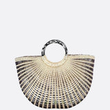 Woven Half - Moon Tote Bag – Handcrafted Straw Arc Purse with Ring Handles - in Black and white mixed color | Arvea Bags