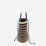 Woven Half - Moon Tote Bag – Handcrafted Straw Arc Purse with Ring Handles - in Black and white mixed color | Arvea Bags