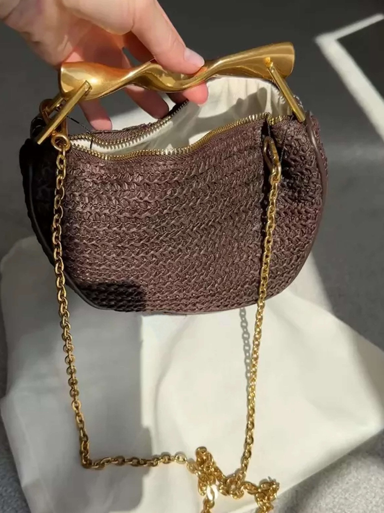 Woven Handbag with Gold Top Handle – Elegant Day to Night Accessory - in Brown | Arvea Bags