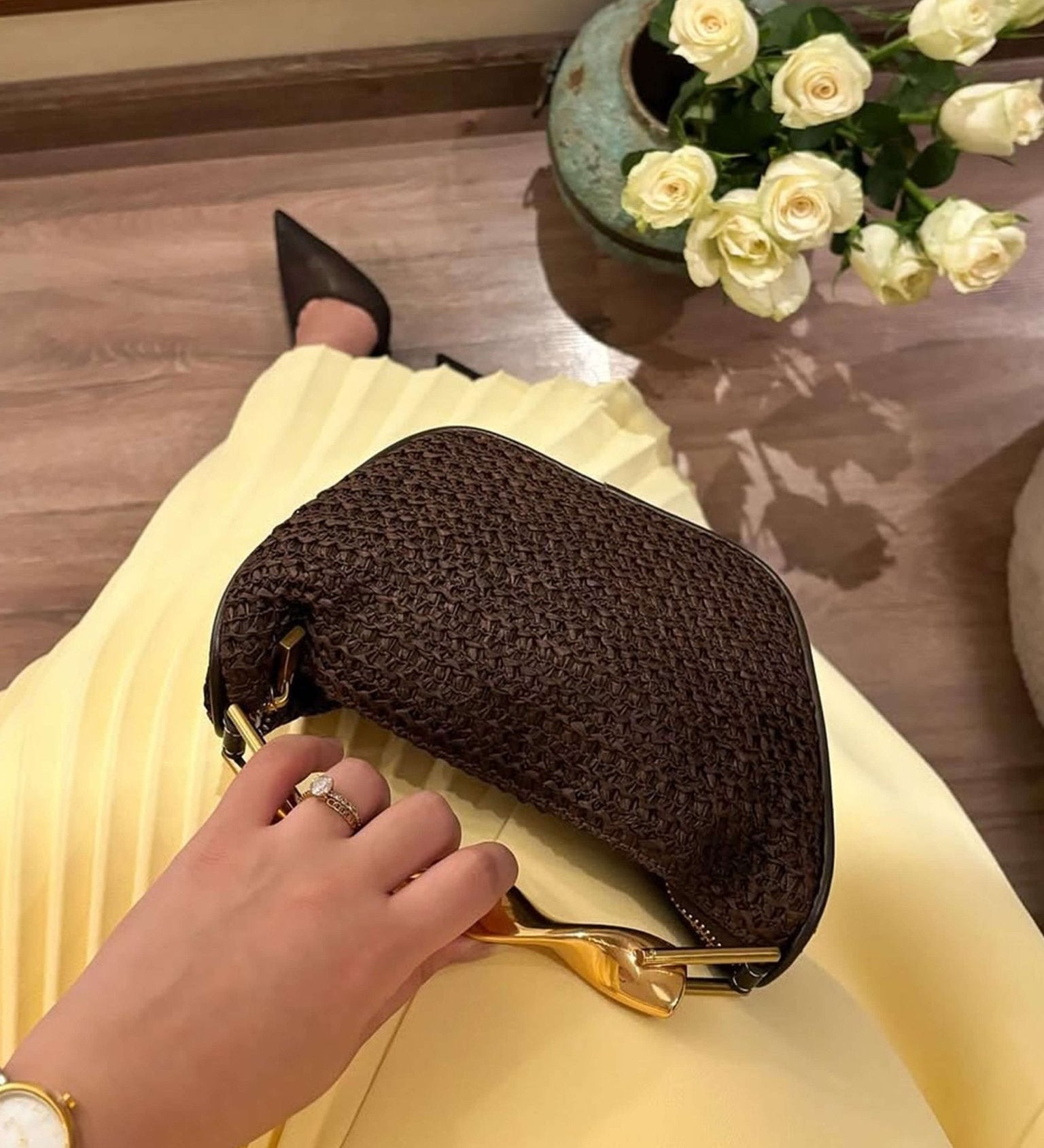 Woven Handbag with Gold Top Handle – Elegant Day to Night Accessory - in Brown | Arvea Bags