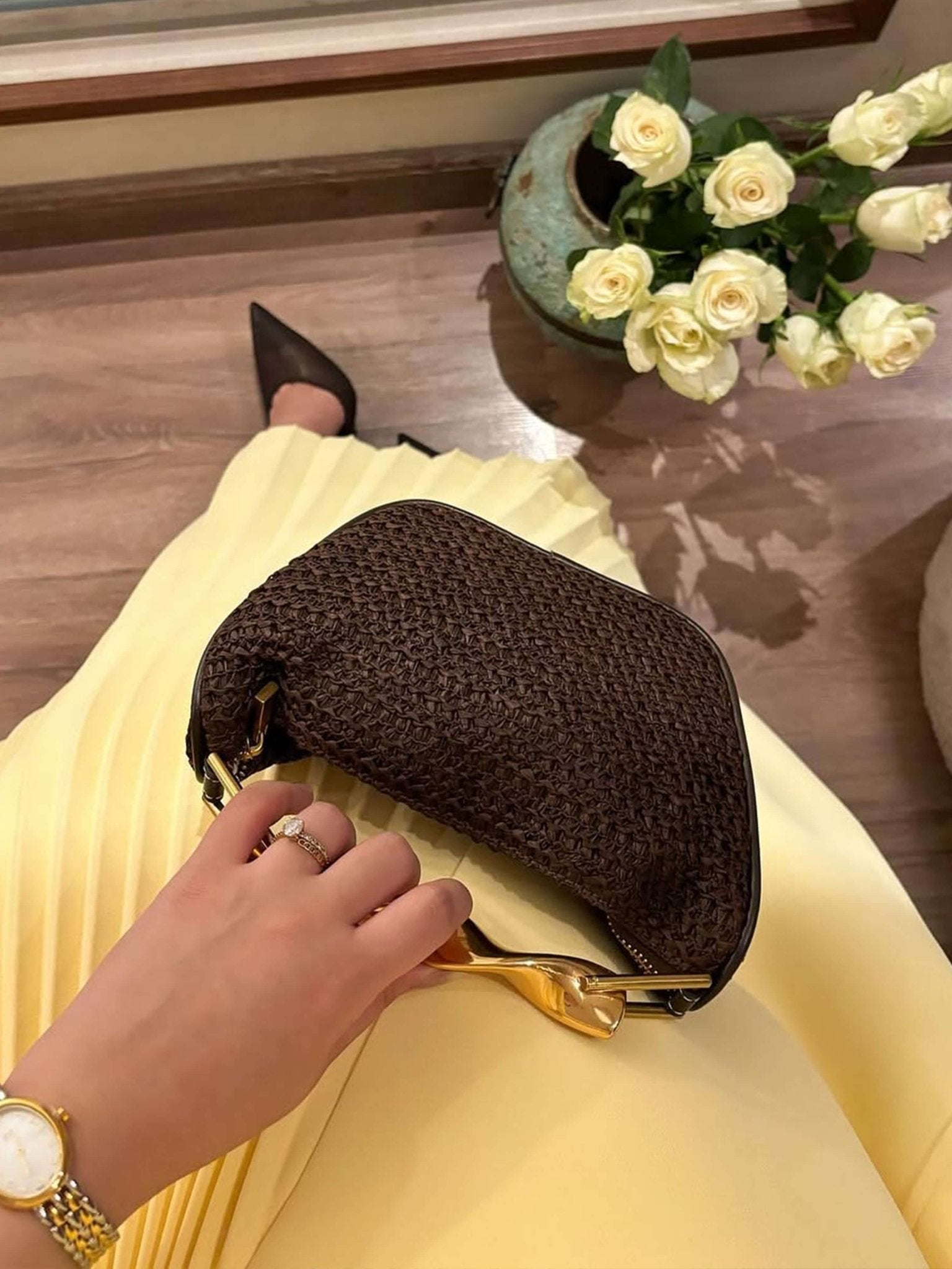 Woven Handbag with Gold Top Handle – Elegant Day to Night Accessory - in Brown | Arvea Bags
