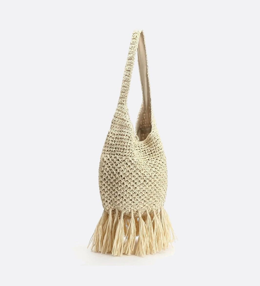 Woven Hobo Bag with Fringe Hem – Boho Shoulder Tote - in Beige | Arvea Bags