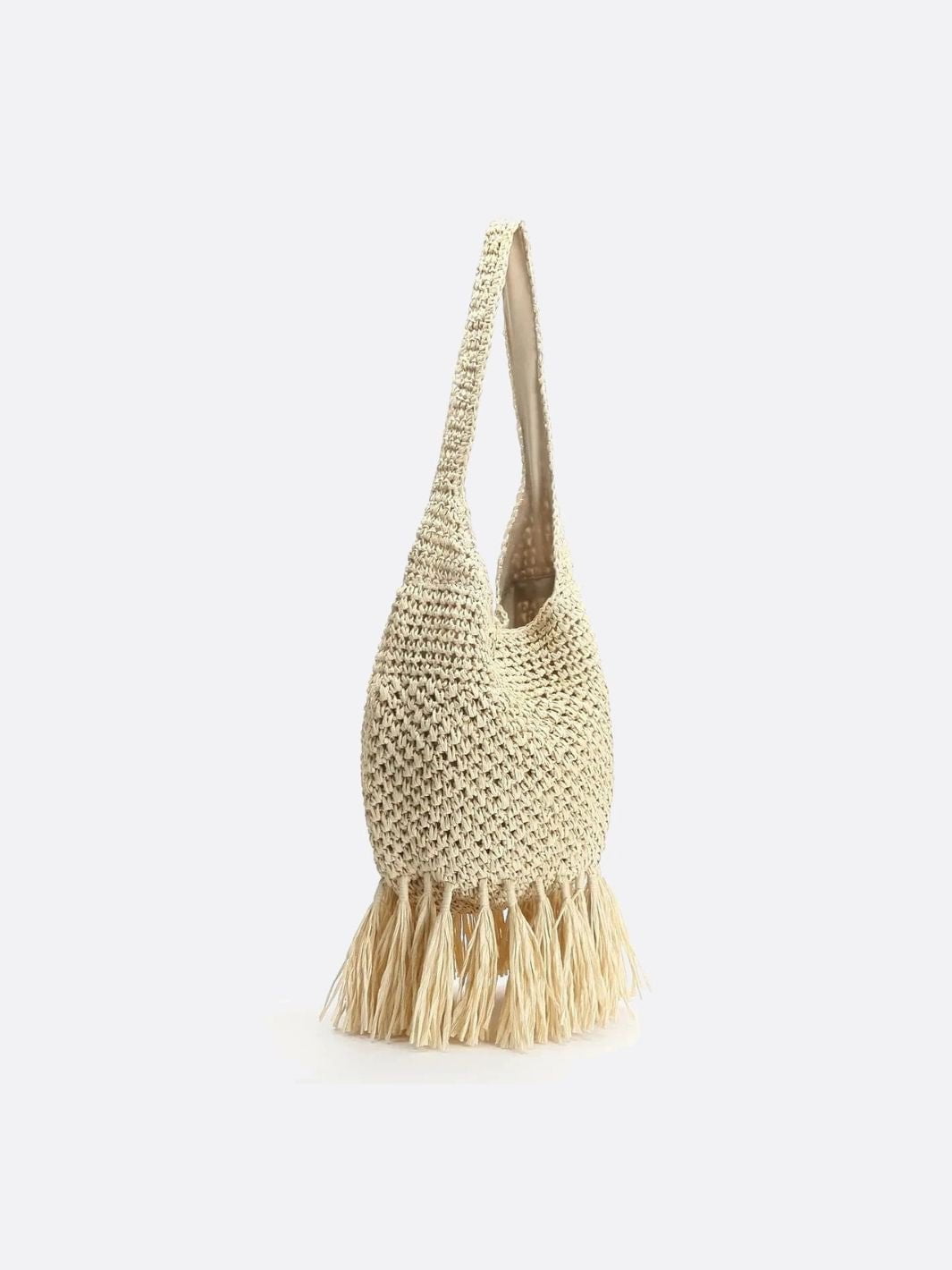 Woven Hobo Bag with Fringe Hem – Boho Shoulder Tote - in Beige | Arvea Bags