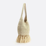 Woven Hobo Bag with Fringe Hem – Boho Shoulder Tote - in Beige | Arvea Bags
