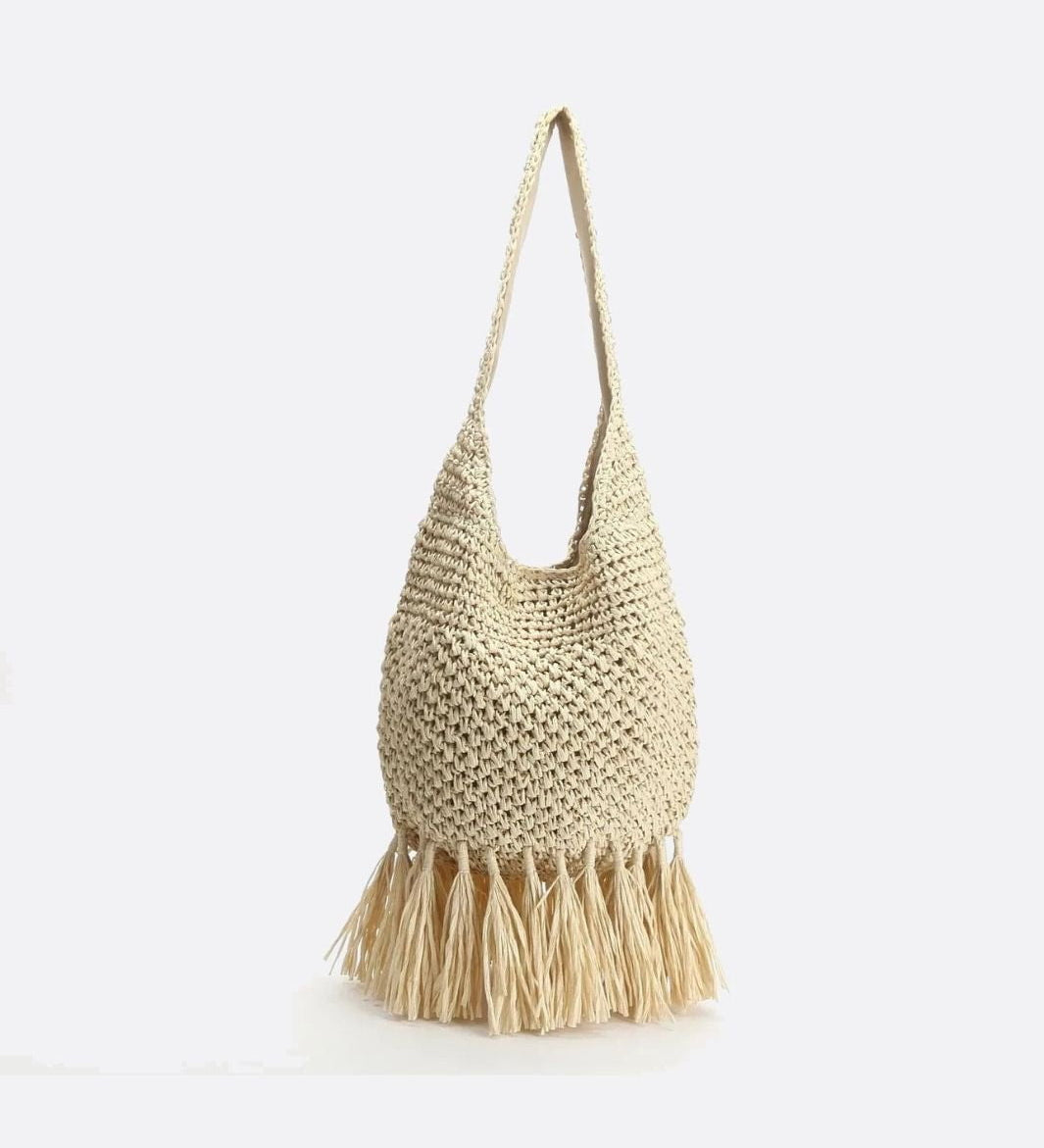 Woven Hobo Bag with Fringe Hem – Boho Shoulder Tote - in Beige | Arvea Bags