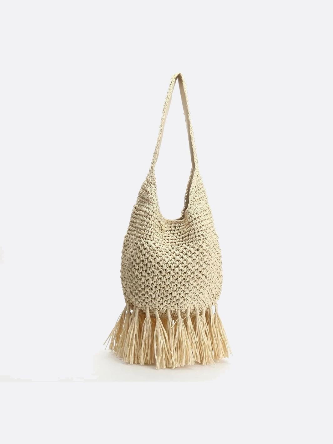 Woven Hobo Bag with Fringe Hem – Boho Shoulder Tote - in Beige | Arvea Bags