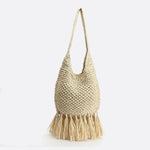 Woven Hobo Bag with Fringe Hem – Boho Shoulder Tote - in Beige | Arvea Bags