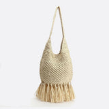 Woven Hobo Bag with Fringe Hem – Boho Shoulder Tote - in Beige | Arvea Bags
