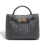 Woven Leather Midi Tote – Elegant Braided Handbag with Gold Accent - in Dark Grey | Arvea Bags