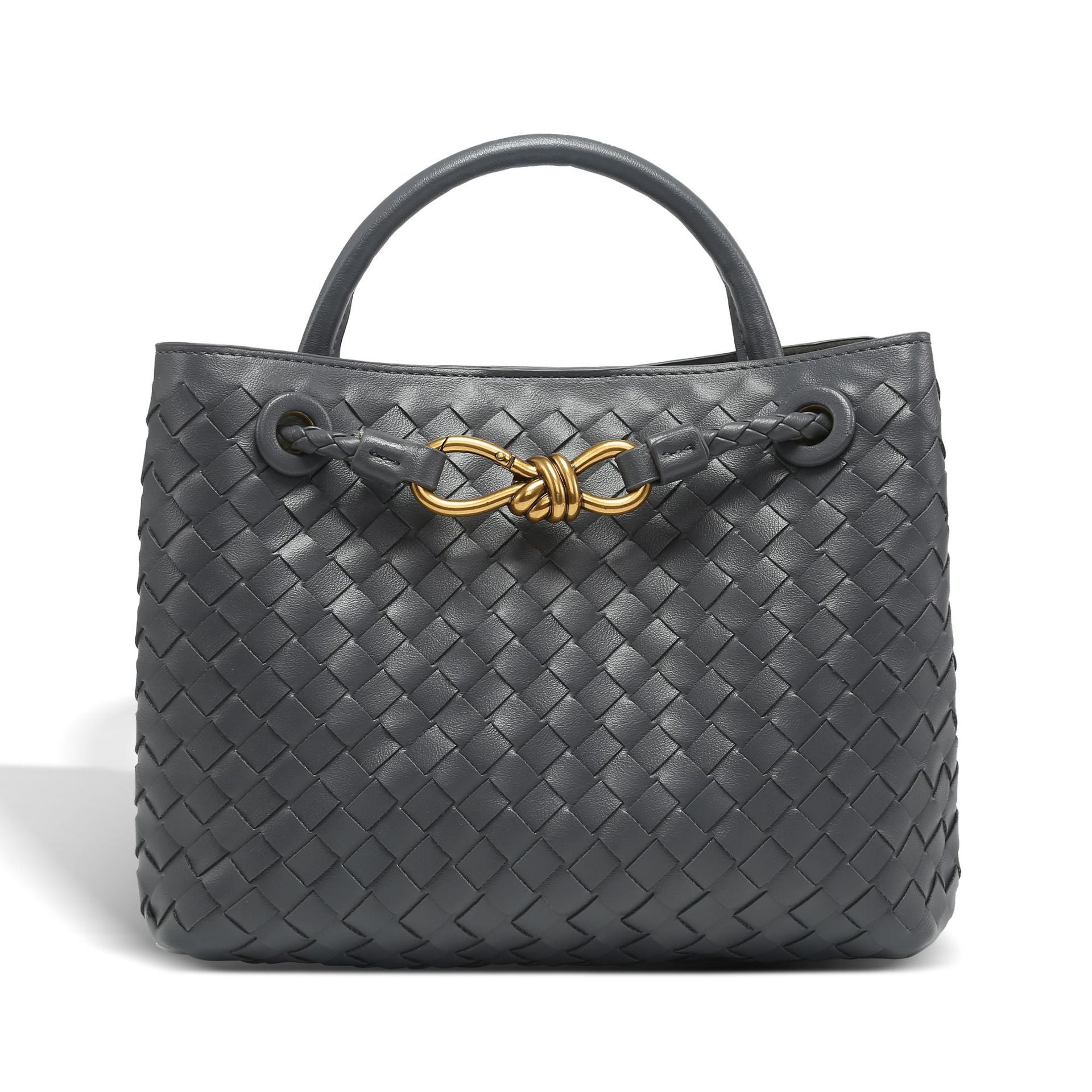 Woven Leather Midi Tote – Elegant Braided Handbag with Gold Accent - in Dark Grey | Arvea Bags