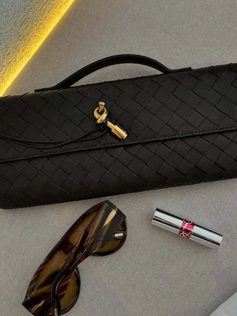 Woven Leather Shoulder Clutch – Minimalist Handbag with Detachable Strap - in Black | Arvea Bags