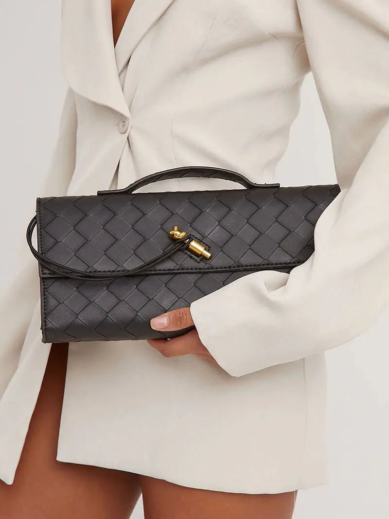 Woven Leather Shoulder Clutch – Minimalist Handbag with Detachable Strap - in Black | Arvea Bags