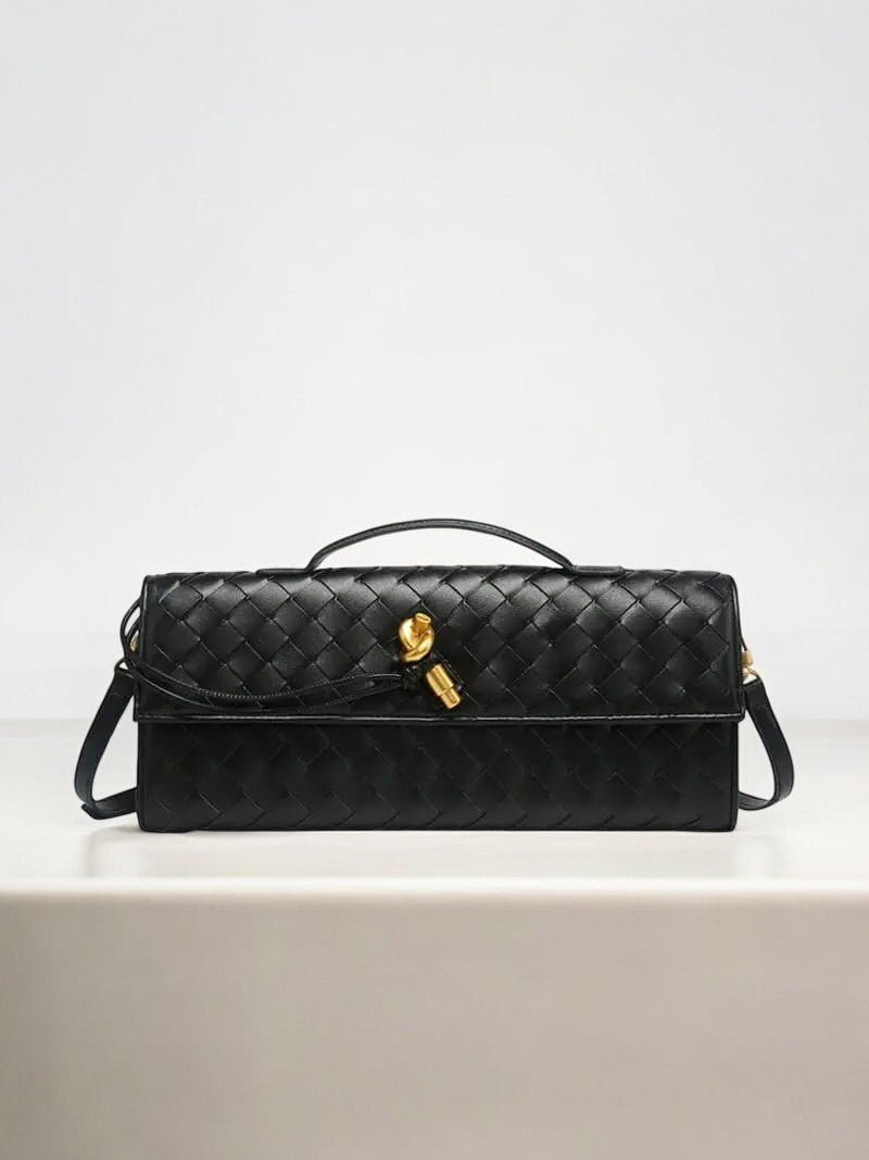 Woven Leather Shoulder Clutch – Minimalist Handbag with Detachable Strap - in Black | Arvea Bags