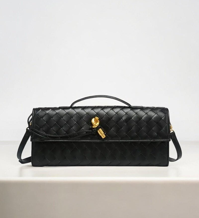 Woven Leather Shoulder Clutch – Minimalist Handbag with Detachable Strap - in Black | Arvea Bags