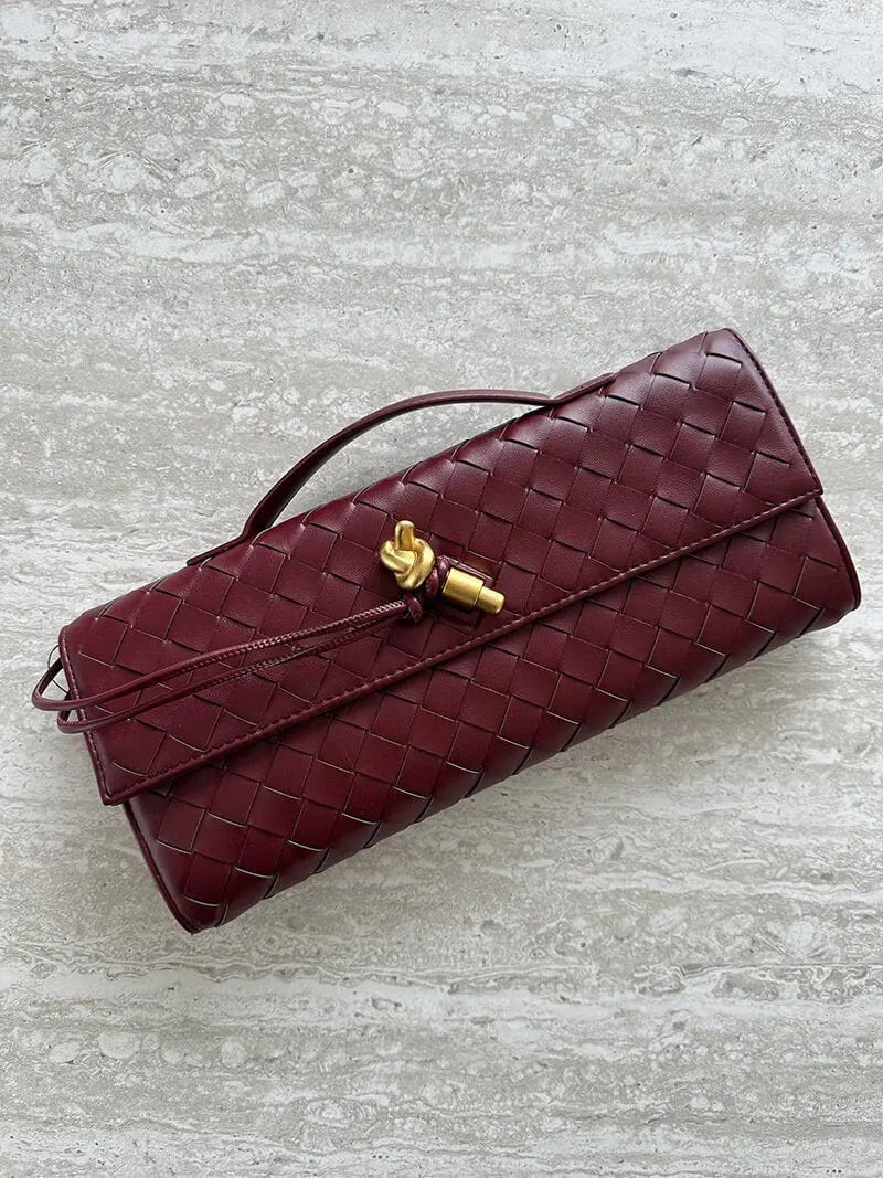 Woven Leather Shoulder Clutch – Minimalist Handbag with Detachable Strap - in Black | Arvea Bags