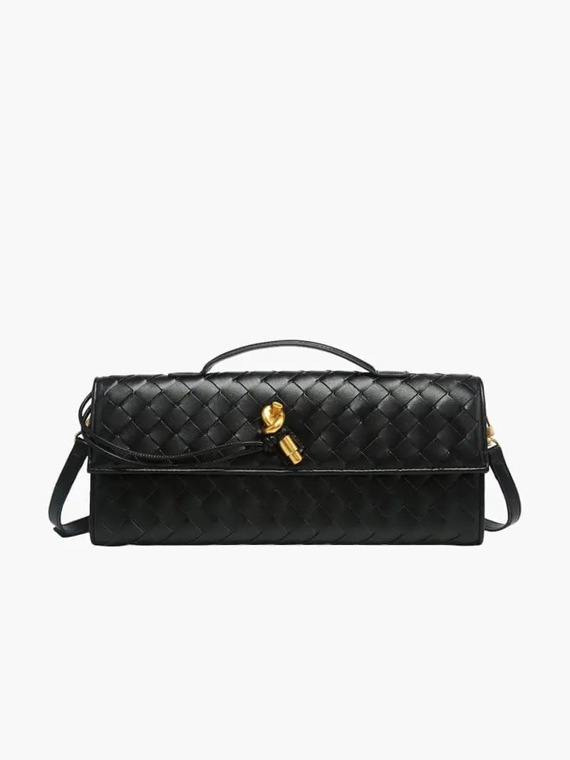Woven Leather Shoulder Clutch – Minimalist Handbag with Detachable Strap - in Black | Arvea Bags