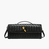 Woven Leather Shoulder Clutch – Minimalist Handbag with Detachable Strap - in Black | Arvea Bags