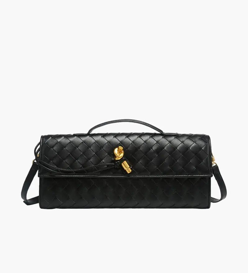 Woven Leather Shoulder Clutch – Minimalist Handbag with Detachable Strap - in Black | Arvea Bags