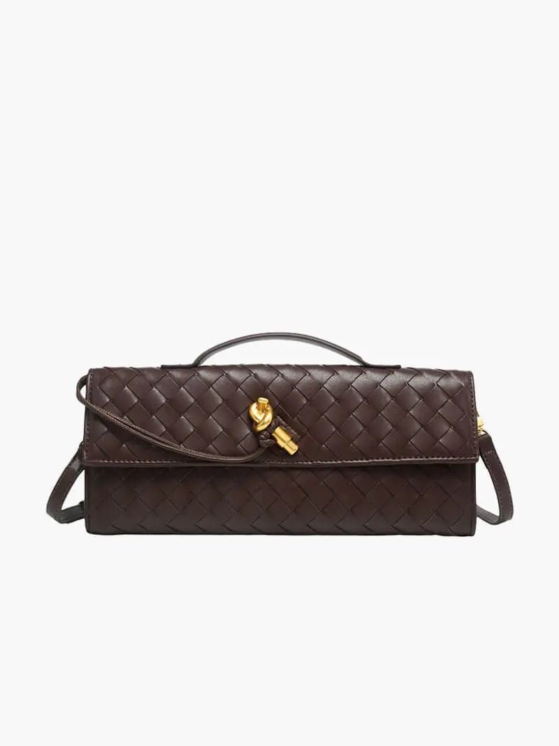 Woven Leather Shoulder Clutch – Minimalist Handbag with Detachable Strap - in Brown | Arvea Bags