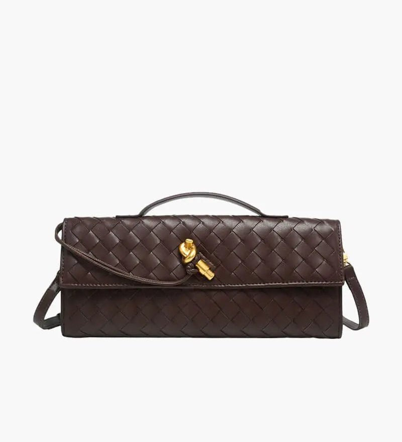 Woven Leather Shoulder Clutch – Minimalist Handbag with Detachable Strap - in Brown | Arvea Bags