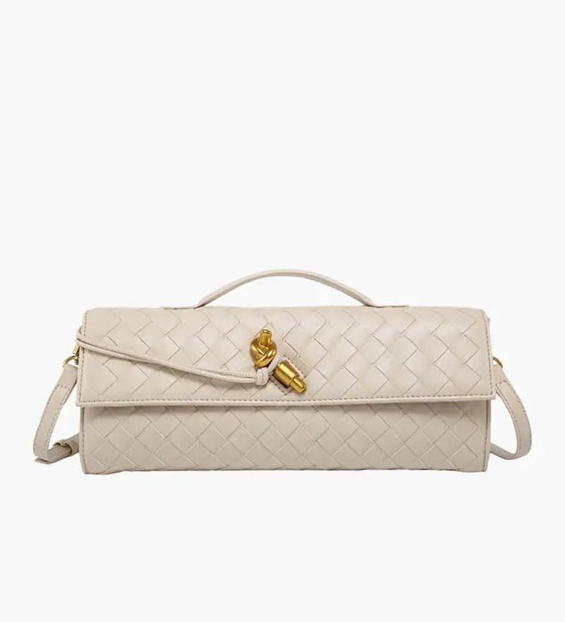 Woven Leather Shoulder Clutch – Minimalist Handbag with Detachable Strap - in Cream | Arvea Bags