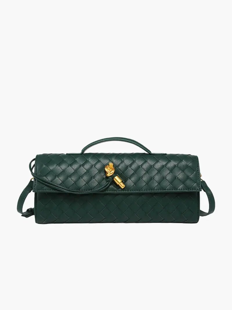 Woven Leather Shoulder Clutch – Minimalist Handbag with Detachable Strap - in Dark Green | Arvea Bags
