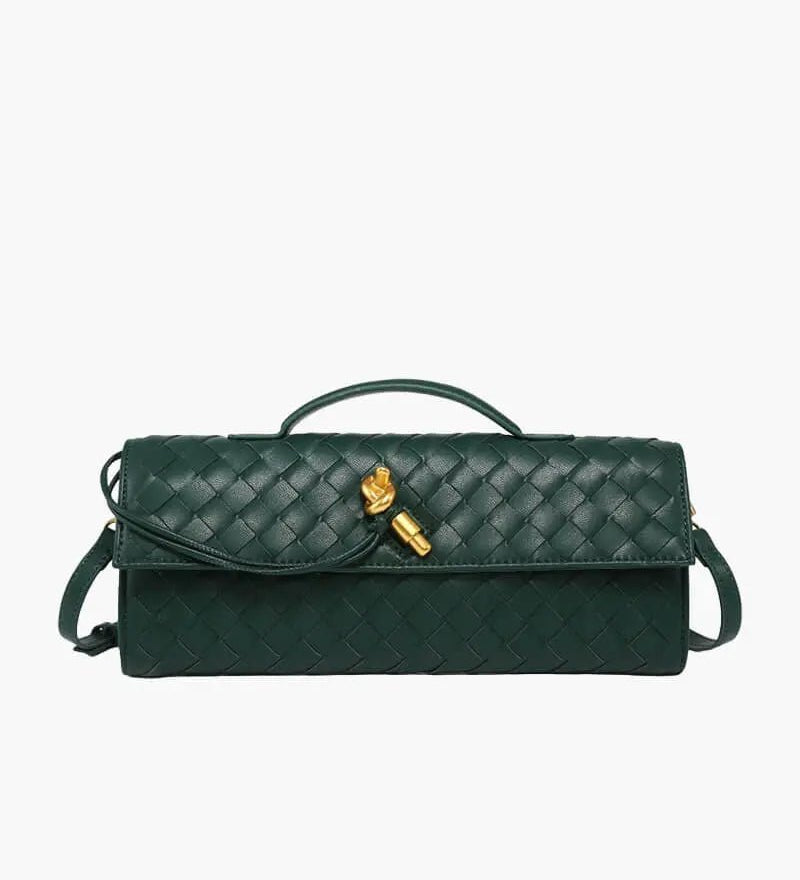 Woven Leather Shoulder Clutch – Minimalist Handbag with Detachable Strap - in Dark Green | Arvea Bags