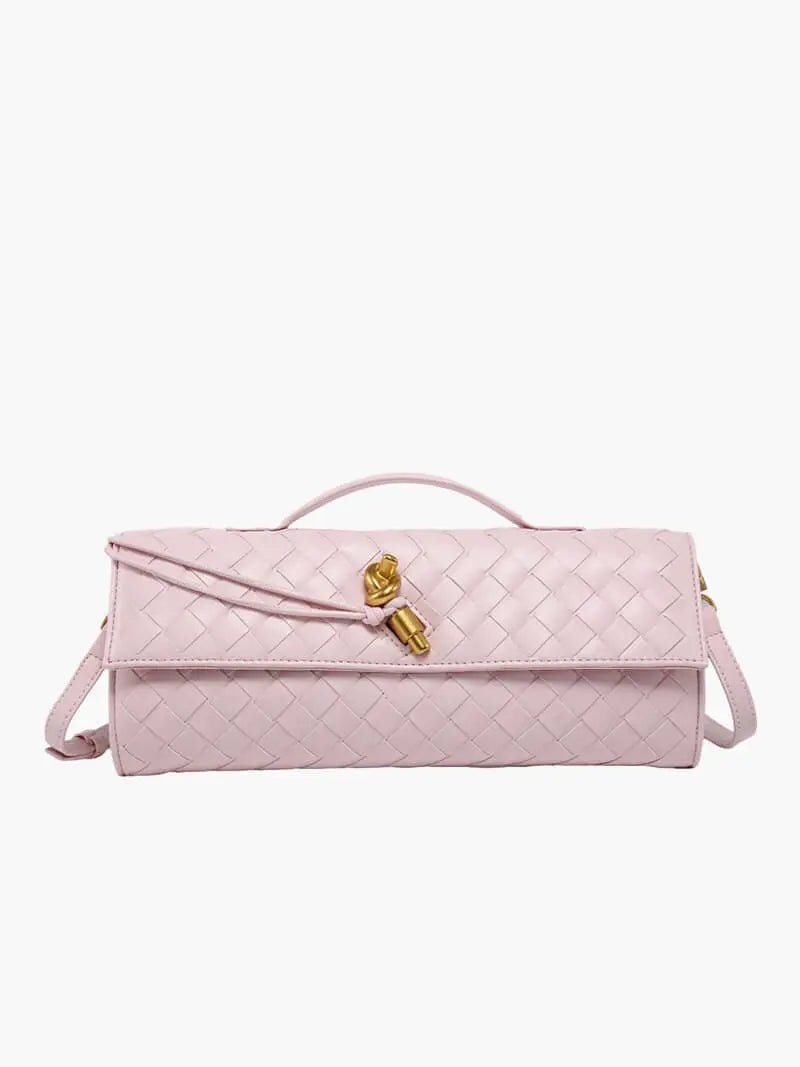 Woven Leather Shoulder Clutch – Minimalist Handbag with Detachable Strap - in Salmon Pink | Arvea Bags