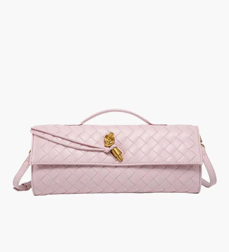 Woven Leather Shoulder Clutch – Minimalist Handbag with Detachable Strap - in Salmon Pink | Arvea Bags