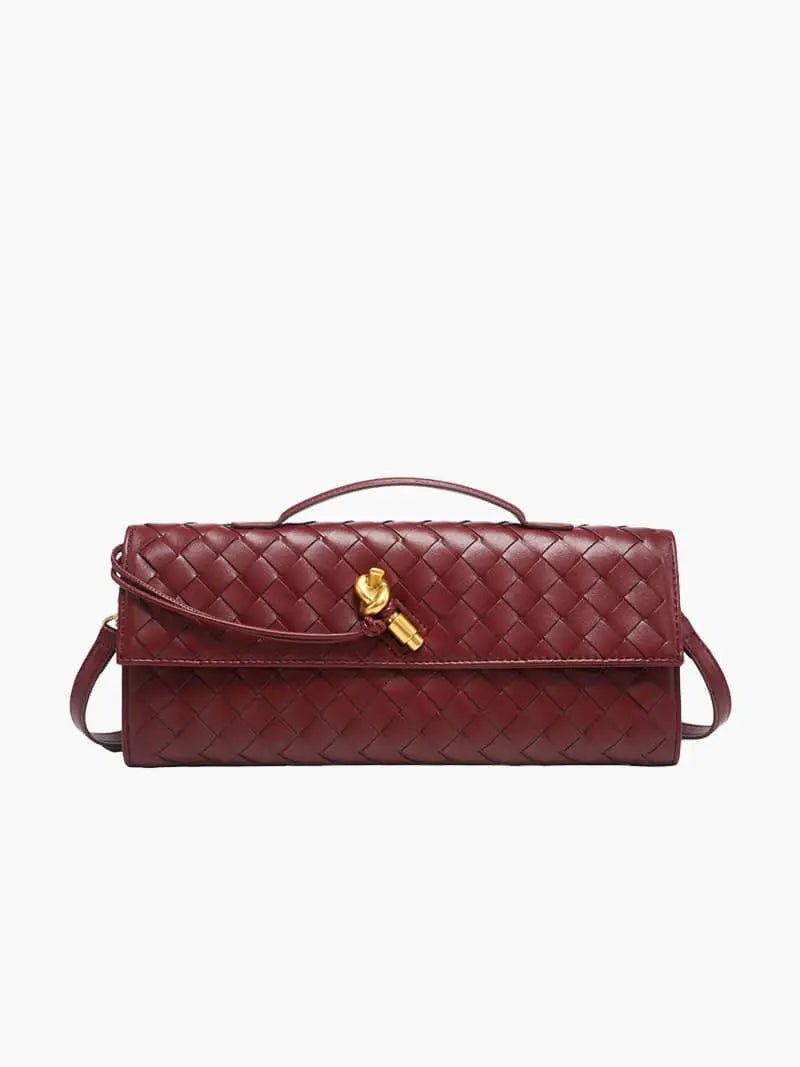 Woven Leather Shoulder Clutch – Minimalist Handbag with Detachable Strap - in Wine Red | Arvea Bags