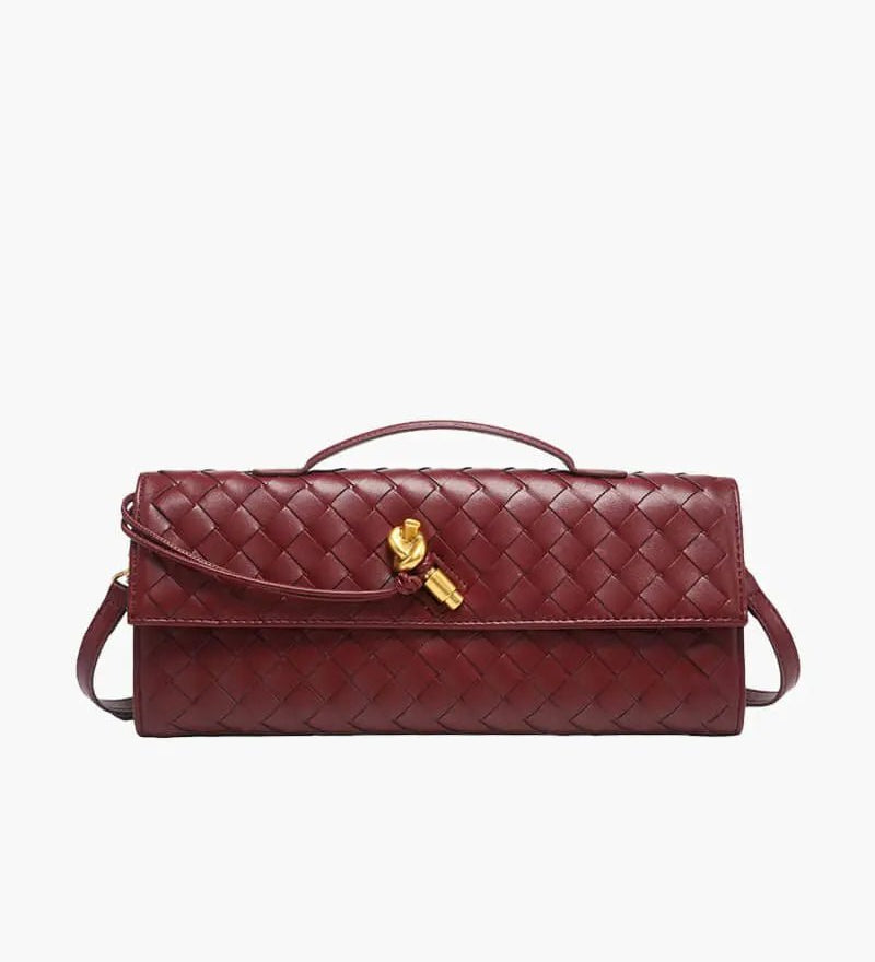 Woven Leather Shoulder Clutch – Minimalist Handbag with Detachable Strap - in Wine Red | Arvea Bags