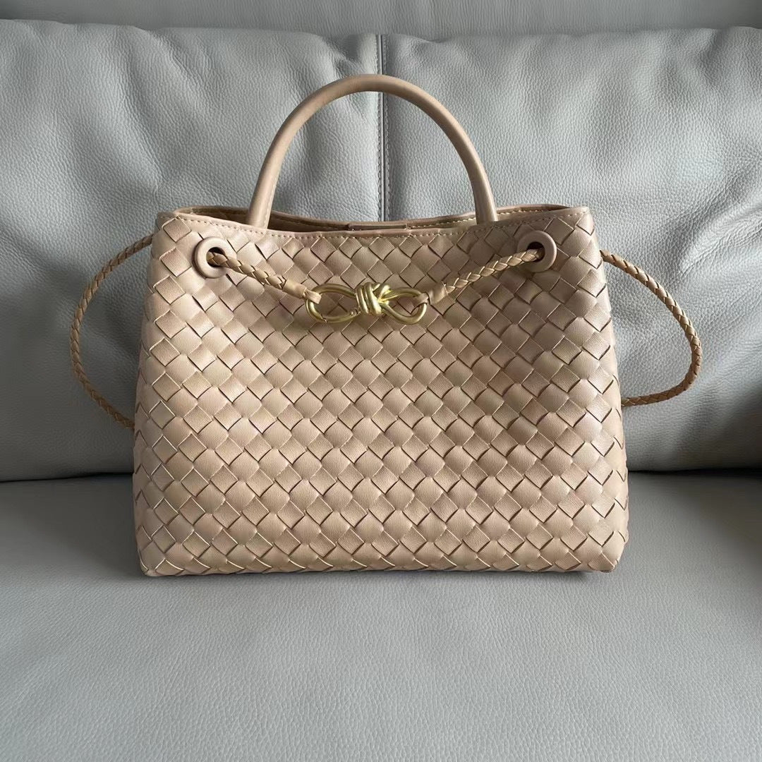 Woven Leather Tote Bag with Gold Rope Closure – Chic Structured Handbag - in Apricot | Arvea Bags